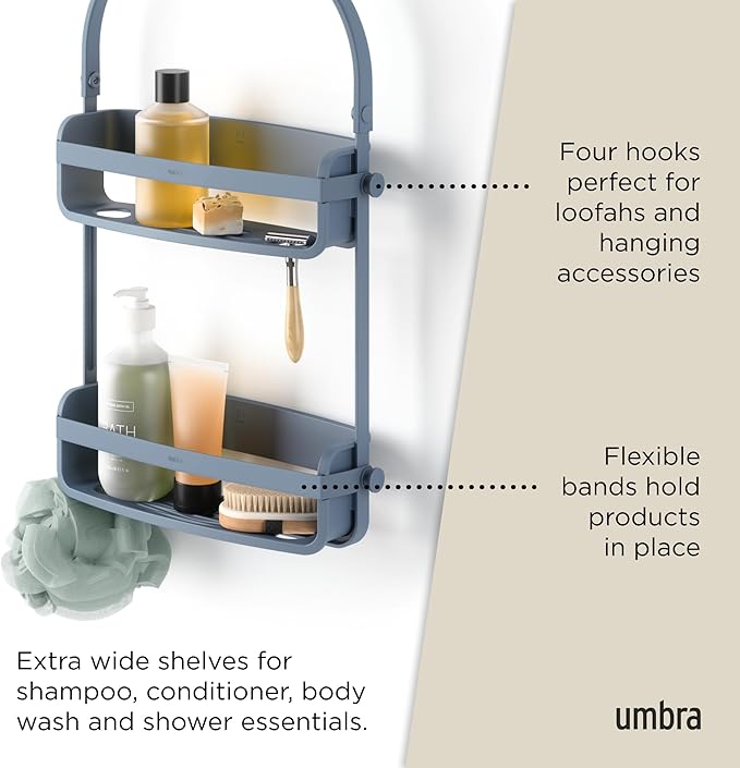 Umbra Flex Shower Caddy, Hanging 2 Shelves Bathroom Organizer, Slate Blue | Flexible silicone bands, drainage system, mold resistant, bottle collars, overhead mount