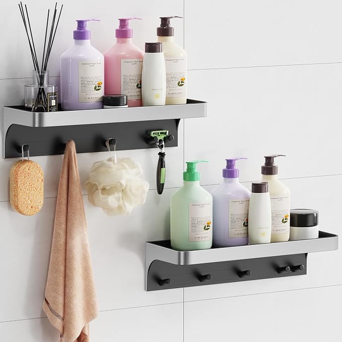 2 Pack Shower Caddy Adhesive with 5 Hooks & Drainage, No-Drill, Silver | Plastic Wall Bathroom Shelf Rack Organizer, Inside Shower Storage Holder for Bath Accessories, Rustproof Bathroom Shelves