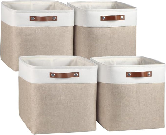 Univivi Fabric Cube Storage Baskets for Shelves 13 Inch,Khaki,4 Pack | Large Capacity,Metal Frame,Hard Cardboard Bottom,Foldable,Linen Closet Baskets with PU Handles