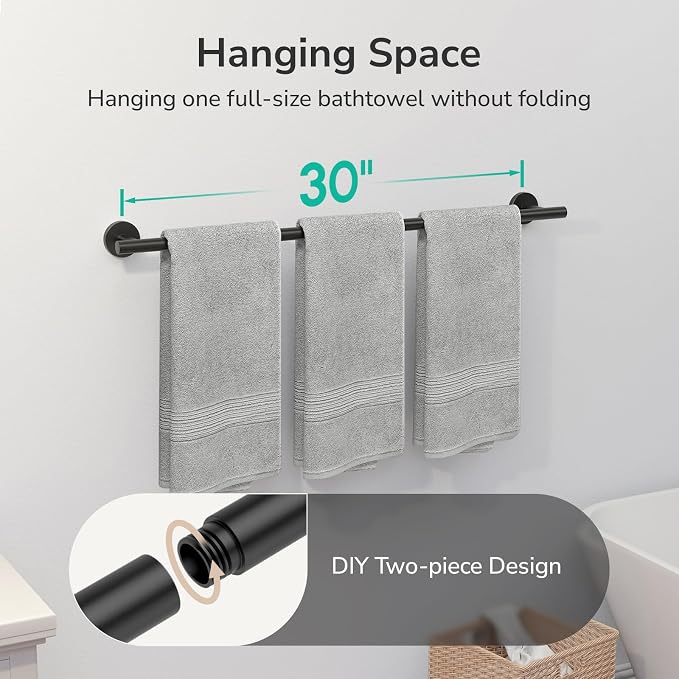 USHOWER Matte Black Bath Towel Bar, 30-Inch Towel Racks for Bathroom | Thicken SUS304 Stainless Steel Towel Rod, Towel Holder Wall-Mounted, Modern Home Decor (Total Length 32-Inch)