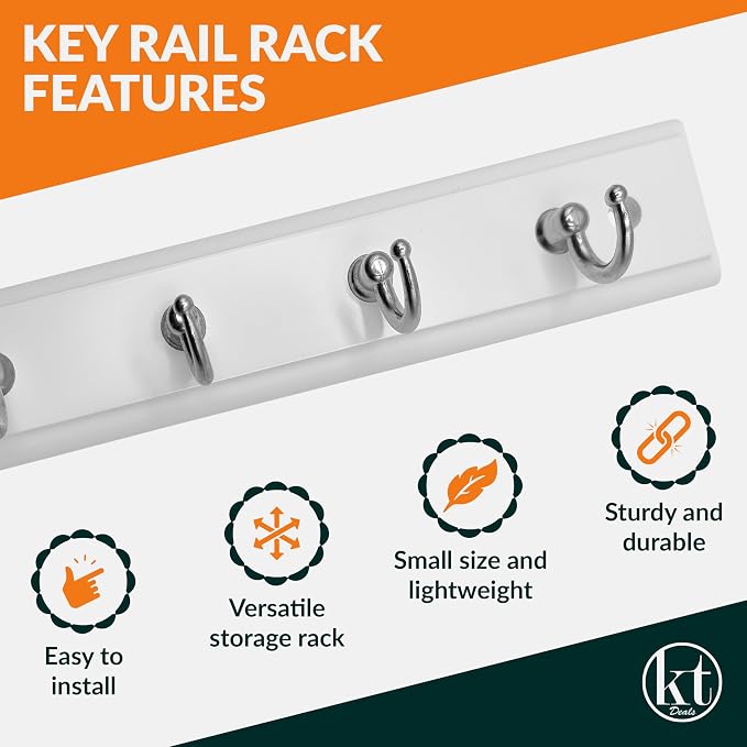 Wall Mounted Key Rack Rail Hanger Key Holder Wall Mount with 4 Hooks Hanging Storage Keys Organizer Home Decor (White)