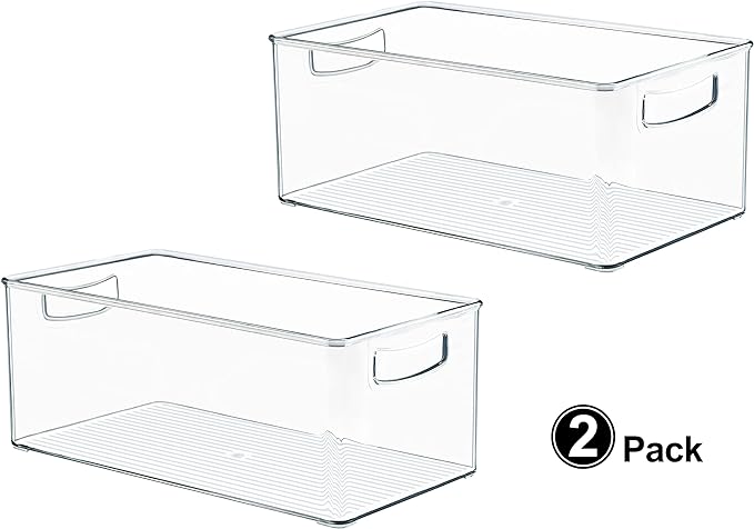 Hudgan 2 Pack Straight Sides Stackable Pantry Organizer Bins for Home Edit - 13.5''L x 7.5''W x 5.5''H