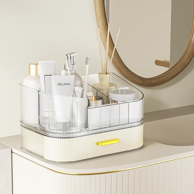 Delamu Rotating Makeup Organizer countertop, Brush Holder for Vanity, White | Stackable Drawer Makeup Storage for Skincare, Lipstick, Brushes & Perfume, Fits Dresser & Bathroom Countertop, Gift for Women