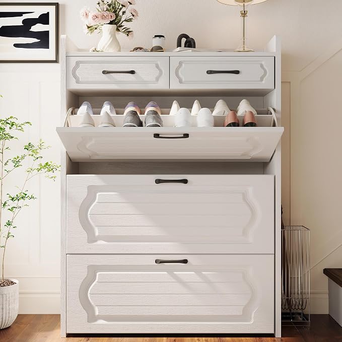 ODUWA Shoe Cabinet with 3 Flip Drawers and 2 Storage Drawers, Shoes Organizer Cabinets with Adjustable Divider, Hidden Shoe Rack Shoe Storage Cabinet for Entryway, Hallway, White