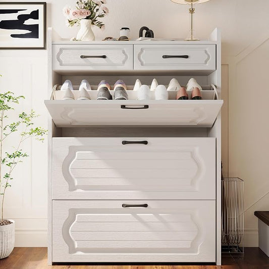 ODUWA Shoe Cabinet with 3 Flip Drawers and 2 Storage Drawers, Shoes Organizer Cabinets with Adjustable Divider, Hidden Shoe Rack Shoe Storage Cabinet for Entryway, Hallway, White
