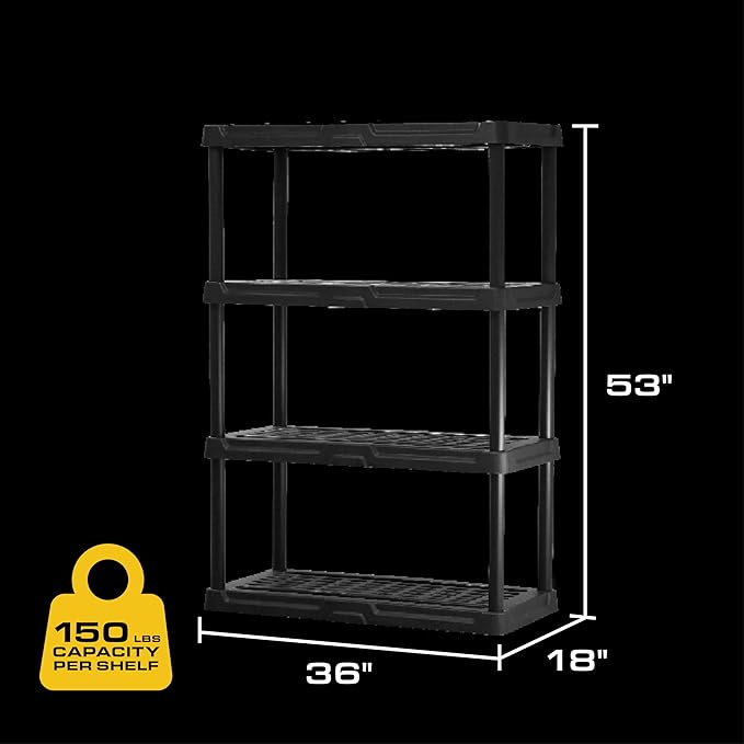 CENTREX 4-Tier Heavy Duty Plastic Storage Shelves for Garage, Black | Utility rack for garage, pantry, or closet organization, Easy assembly, 4 tier at 150lb/shelf, 53"H x 36"W x 18"D