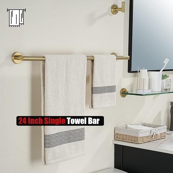 JQK Bath Towel Bar, 27 Inch Brushed Light Gold Towel Rack Bathroom, 304 Stainless Steel Thicken 0.8mm Towel Holder Wall Mount, Useable Length 24 Inch 2 Pack, TB110L24-BG-P2