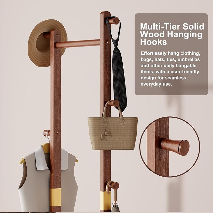 Coat Rack Freestanding, Solid Wood Clothes Rack with 2 Shelves & 5 Hooks for Hanging Clothes Garment Wallets Hats, Heavy Duty Clothes Rack Stand for Hall, Bedroom, Living Room (Walnut brown)