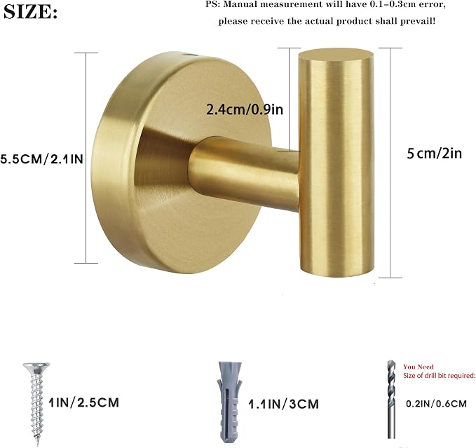 16pcs Gold BathTowel Hooks Robe Coat Bathroom Wall Hook Stainless Steel Heavy Duty Door Hanger Towel Robe Clothes Cabinet Closet Sponges for Bathroom Bedroom Kitchen Hotel Pool