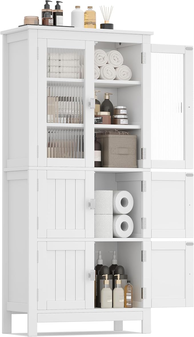 Akxomel 53.1" H Tall Bathroom Storage Cabinet, Bathroom Floor Cabinet with 6 Doors and Adjustable Shlef, Linen Cabinet, Pantry Cabinet for Living Room, Kitchen, Entryway, White