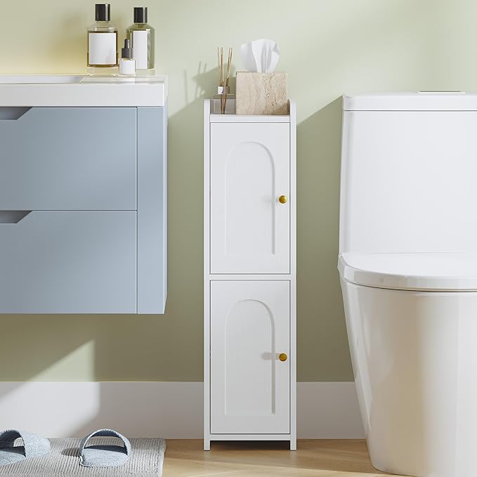Hzuaneri Bathroom Storage Cabinet, Small Corner Floor Cabinet with 2 Doors | Narrow Toilet Paper Cabinets with Adjustable Shelf, Bathroom Organizer for Small Spaces, 7.9" D x 7.9" W x 29.5" H White