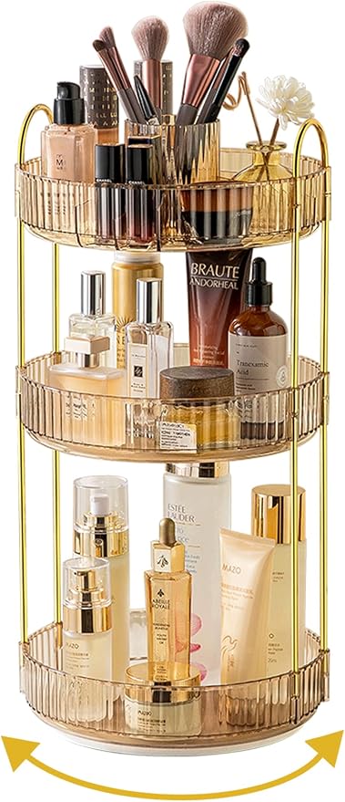 Asayuee 360 Rotating Makeup Organizer,3 Tier Large Capacity Make Up Organizers and Storage,Skincare Perfume Vanity Organizers,Bathroom Cosmetics Storage Organizer Countertop(Gold)
