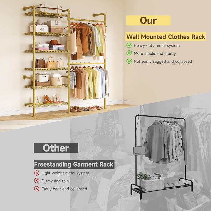H2 Wall Mounted Clothing Rack, Expandable Industrial Pipe Clothes Rack Garment Racks for Hanging Clothes, Heavy Duty Closet Organizers and Storage in Closet System, Gold