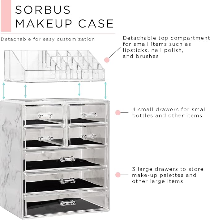 Sorbus Acrylic Makeup Organizer Set, 7-Drawer Vanity & Countertop Cosmetic Storage with Small & Wide Compartments, Marble Print Makeup Storage for Brushes, Jewelry – Holiday Gift for Women & Teens