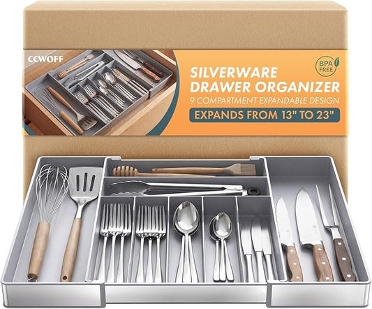 Silverware Drawer Organizer, 9 Slots Expandable Kitchen Drawer Organizer | Extra Large Utensil Holder & Cutlery Tray, Heavy Duty Stainless Steel Frame Flatware Organizer, Non-Slip Feet Included, Gray