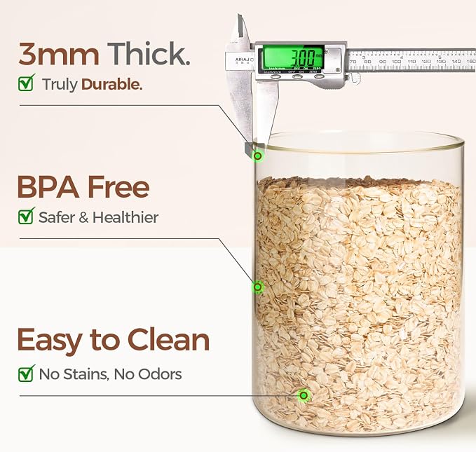 ComSaf Flour Sugar Storage Containers 4 Qt, 2 Pack Glass Flour Container | 26.6cm/10.5in Tall, Gallon Large Glass Storage Canisters, 15cm Extra Wide Mouth, Easy Clean and Scoop, 4.6lb Flour, BPA Free