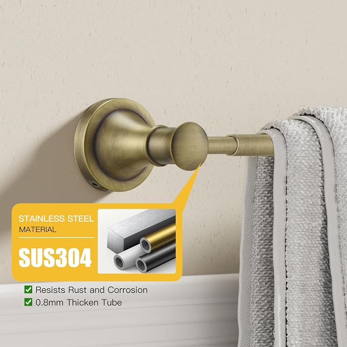 BESy Towel Racks for Bathroom Wall Mounted Bath Towel Bar Antique Brass | Adjustable 16-26 In, Wall Mounted Towel Holder, Stainless Steel, Rustproof, Towel Bar Rod Hanger Hardware Accessories Hotel
