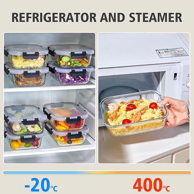 Liuruiyu 10 Pack 21.6oz Glass Food Storage Containers with Lids, Meal Prep Containers, Airtight Bento Boxes with Leak Proof Locking for Microwave, Oven, Freezer and Dishwasher, BPA Free