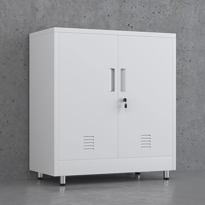 JINGUR Metal Storage Cabinet with Locking Doors and Adjustable Shelf, Small Lockable Sideboard Buffet Cabinet for Home Office Hallway Entryway Living Dining Room (White)