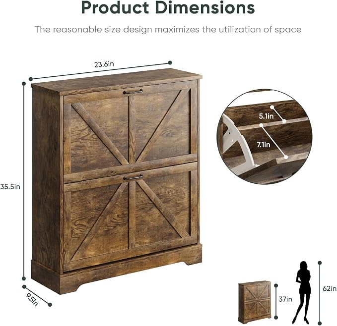 Smart FENDEE Shoe Cabinet, Shoe Storage Cabinet for Entryway with 2 Flip Drawers, Narrow Farmhouse Shoe Organizer Cabinet, Slim Shoe Rack Cabinet, 31.5 in Rustic Brown