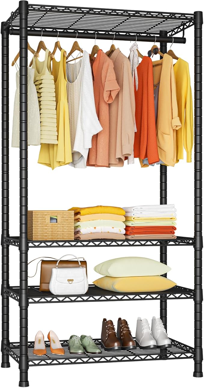 Ulif H2 Heavy Duty Clothes Rack, Freestanding 4 Tiers Garment Rack for Hanging Clothes with Shelves and Hangers, Closet Organizers and Storage Metal Closet Wardrobe System, Max Load 500 LBS, Black | Metal Closet System for Hanging Clothes with Shelves ...