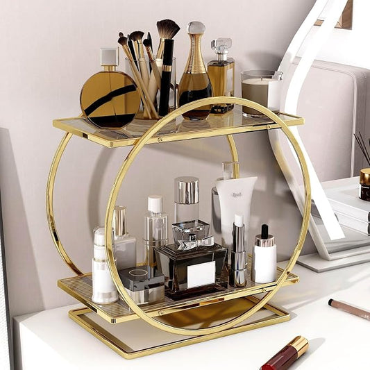 Perfume Organizer, 2-Tier Bathroom Countertop Organizer and Storage | Gold Makeup Organizer for Vanity, Counter Shelf Bathroom Accessories & Decor, Skincare Trays Perfume Holder Cosmetic Display