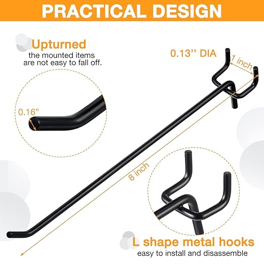 100 Pcs Peg Board Shelving Hooks Stainless Steel Hanging Board Pegs Wall Display Hooks Bulk for 1/8 1/4 Garage Storage Organizer Accessories (8 Inch,Black)