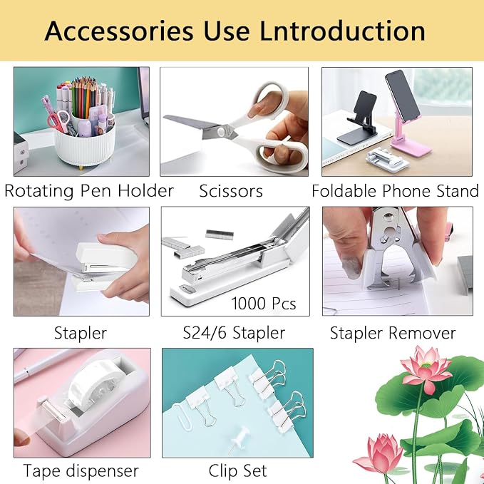 Office Supplies,Desk Accessories,Desk Organizer,Stapler,Tape Dispenser,Folding Phone Holder,Scissors,Notebook,Staple Remover,Staples,Clear Tape,Sticky Notes,Paper Clips,Bookmark,Pen,Pen pals Ect.27pcs