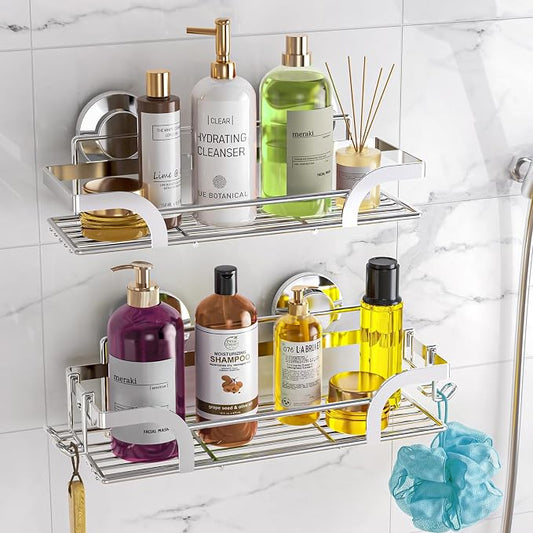 LEVERLOC Shower Caddy Suction Cup 2 Pack, Shower Shelf for Inside, Silver | Heavy Duty Bathroom Organizers, No Drill Shower Storage, Rustproof Metal Shower Basket, Shampoo Holder, Wall Shower Caddies