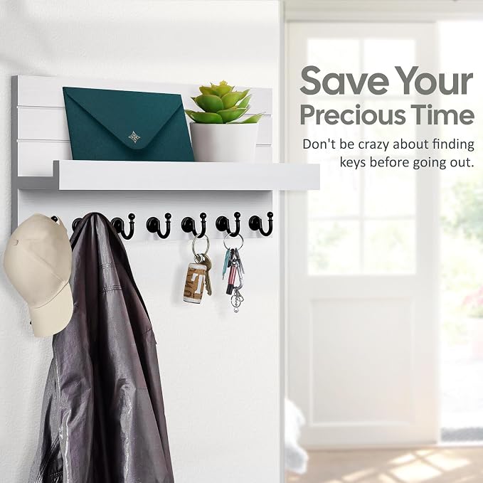 HONJIN Key Holder for Wall: Upgraded 7 Sturdy Key Hooks Easy Installation Mail Organizer Wall Mount Hanging Key Rack for Kitchen and Entryway Decor