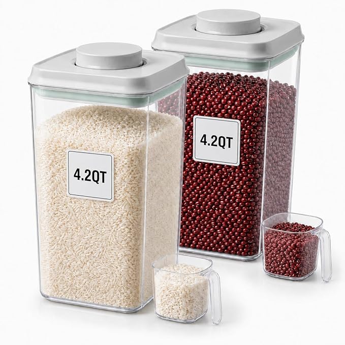 POP Airtight Flour-Rice Food-Storage Container - 4L/4.2Qt Jar with Lid(2Pc) and 3.3Oz Scoop(2Pc) | BPA-Free | Perfect for Storing Grains, pasta, Snacks | Stackable and Durable