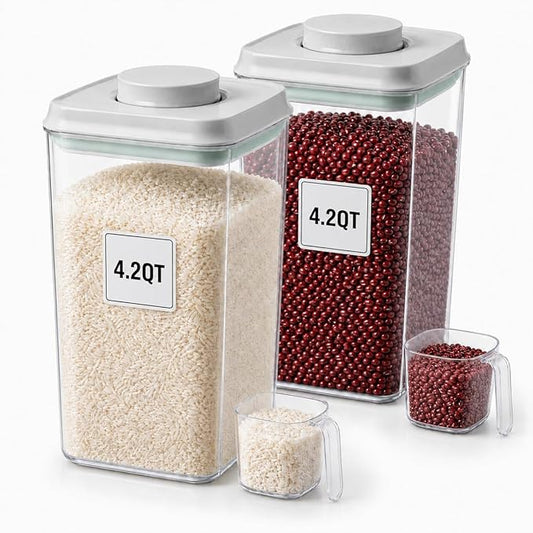 POP Airtight Flour-Rice Food-Storage Container - 4L/4.2Qt Jar with Lid(2Pc) and 3.3Oz Scoop(2Pc) | BPA-Free | Perfect for Storing Grains, pasta, Snacks | Stackable and Durable