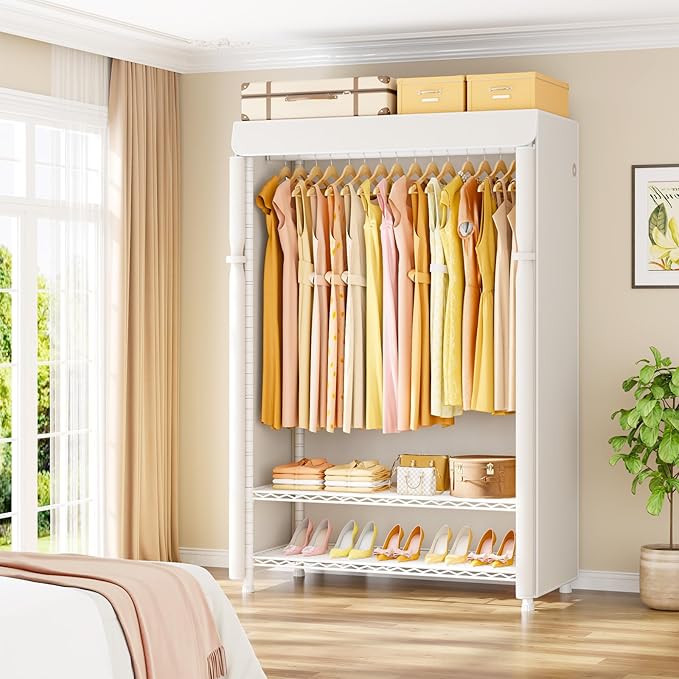 H5C Plus Clothes Rack with Cover, Covered Clothing Rack Heavy Duty | Garment Rack with Shelves, 3-Tier Portable Closets for Hanging Clothes, Max Load 370LBS, White Closet Racks with White Cover