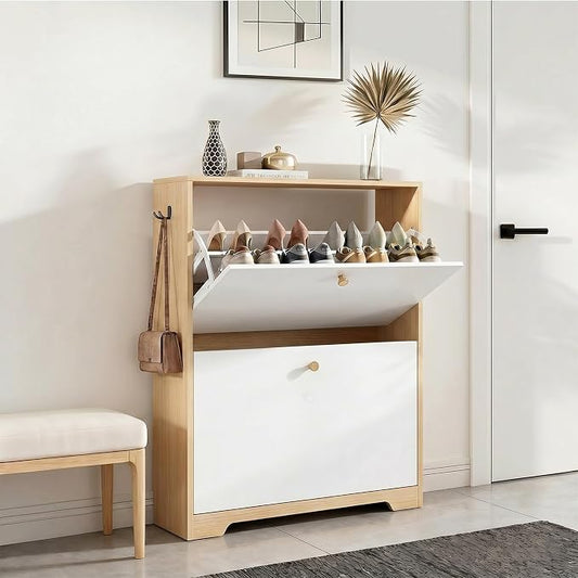 Nicetree Shoe Storage Cabinet with 2 Flip Drawers, Natural Oak and White | Narrow Shoe Organizer, Freestanding Shoe Rack Cabinet, Modern Shoe Storage Cabinet for Entryway, Hallway, Foyer, With Hook