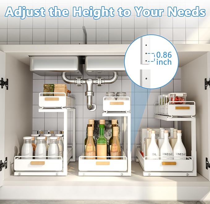 Under Sink Organizer Kitchen - Upgraded Professional Rails, 2 Tier Dual Pull Out Cabinet Storage, Height Adjustable Under Sink Storage, Metal Sliding Drawer for Kitchen & Bathroom, White, 2 Pack