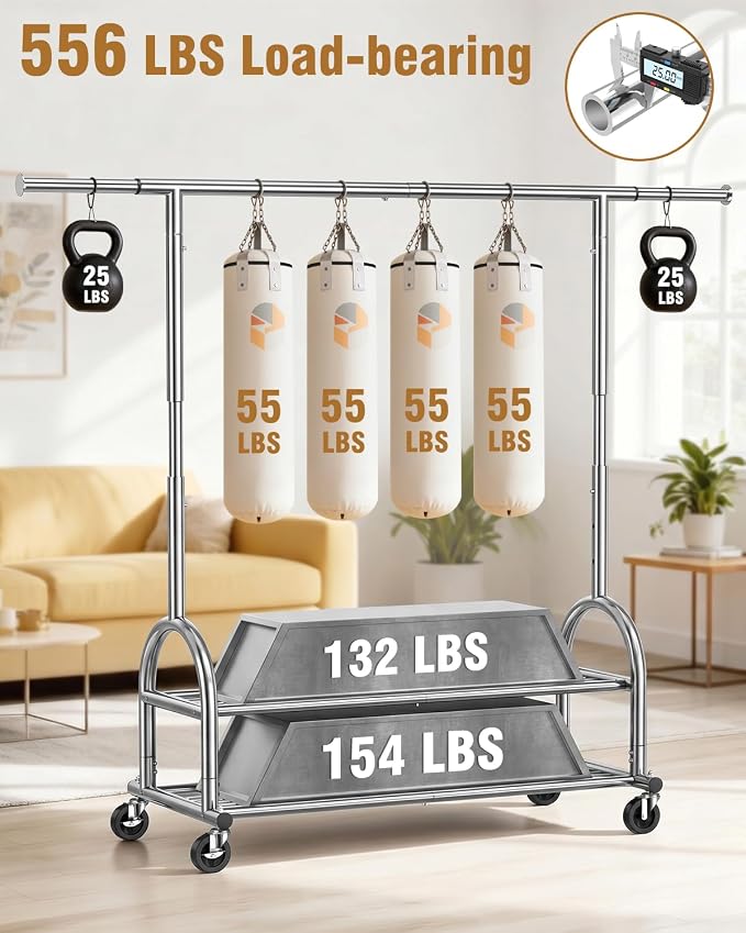 EAGMAK Heavy Duty Clothes Rack for Hanging Clothes Load 556 LBS, Height Adjustable Rolling Clothing Racks, Portable Metal Coat Rack Garment Wardrobe with Wheels and Shelves for Bedroom Laundry, Silver