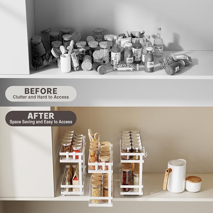 Magheo Pull Out Spice Rack Organizer for Cabinet, 4 Pack Metal Seasoning Organizer Slide Out Spice Storage Shelf No Assembly Vertical Spice Rack Pullout for Kitchen & Bahthroom No Drill(2 Tier,White)
