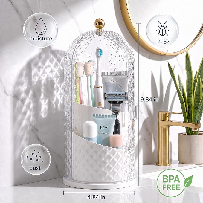Toothbrush Holder with Cover for Bathroom Countertop, Organizer, White | Rotating 3 Slot Holder for Electric Toothbrushes, Toothpaste, Self Draining Vanity Organizer, Makeup Brush Storage