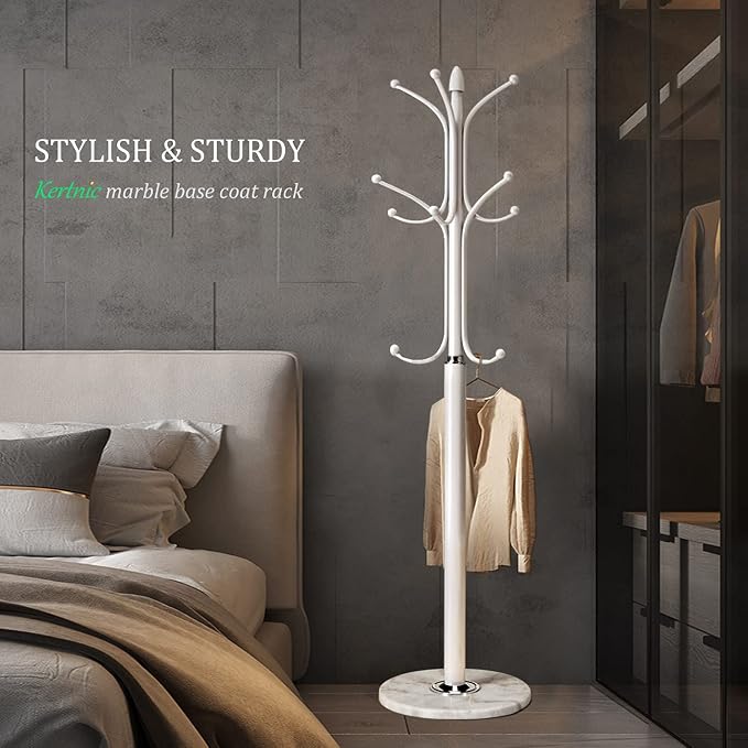 Kertnic Freestanding Coat Rack Stand, Heavy Duty Metal Hall Tree with 12 Hooks, 70 Inch Tall Stable Coat Hanger with 14.6" Natural Marble Base, Entryway Organizer for Coats Bags Hats Purses (White)