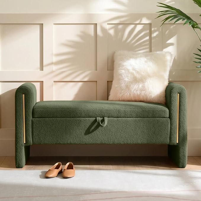 52" Flip-Top Storage Ottoman Bench, Teddy Entryway Bench (Green) | Teddy Fleece Upholstered End of Bed Bench with Armrests, Soft Padded Window Bench for Living Room Bedroom Entryway