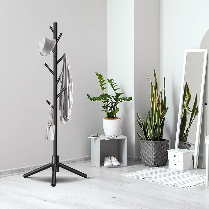 Unisakey 8-Hook Freestanding Wooden Coat Rack 3 Adjustable Heights Black | Stable Triangular Base for Safety,Durable Construction,Simple Tool-Free Assembly,Ideal for Bedroom Hallway Office Entryway