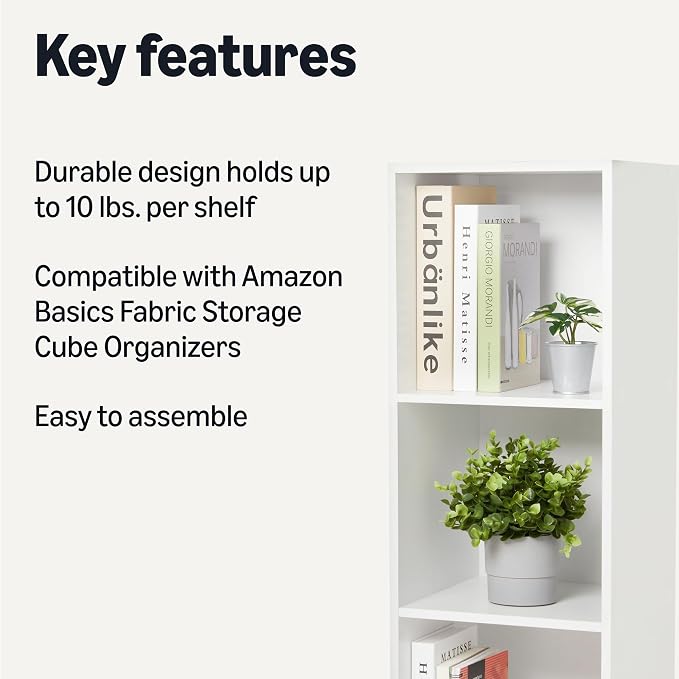 Amazon Basics 3-Cube Bookcase Compatible with Fabric Storage Cube Organizers, Sturdy, Easy to Assemble, White