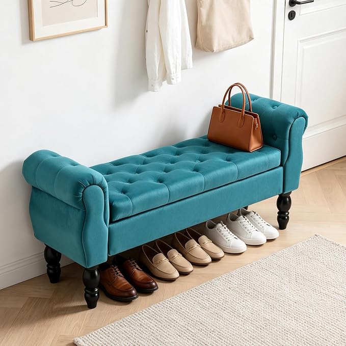47″ Storage Bench with Arms End of Bed Bench,Velvet Entryway Bench with Storage, Button Tufted Upholstered Ottoman Bench Wood Legs, Window Sitting Bench for Bedroom/Living Room/Hallway, Teal