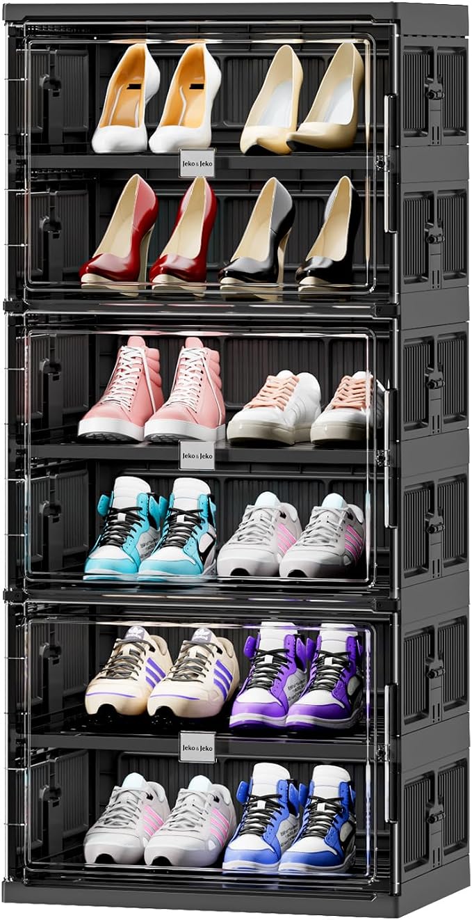JEKO&JEKO 6 Tiers 12 Pairs Portable Shoe Organizer Storage Boxes with Magnetic Door, Folding X-Large Shoe Rack Free-Standing for Closet Entryway, Sneaker Storage Cabinet Fits US Size 12 (Black)