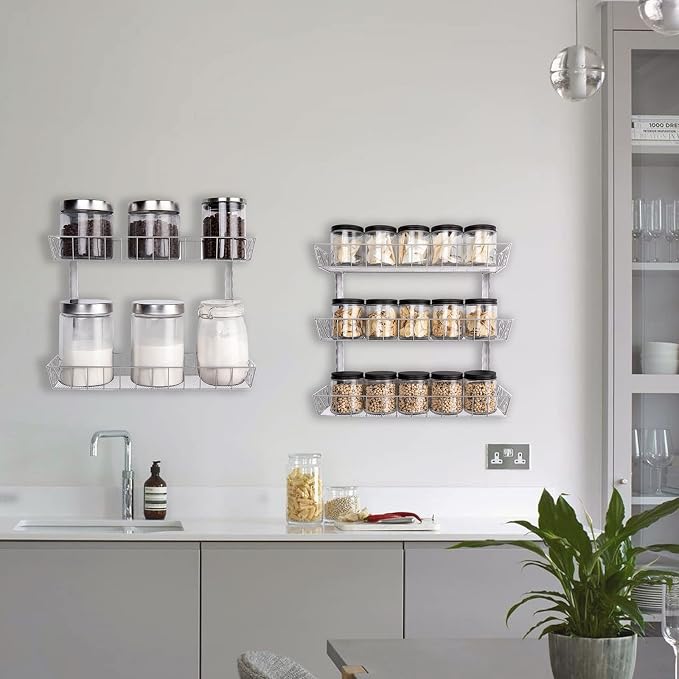 SWOMMOLY Wall Mount Spice Rack Organizer, 6-Tier Adjustable Dual-Use Shelf | Hanging Spice Rack Organizer, Kitchen Pantry Cabinet Storage Holder for Spices, Mason Jars, Bottles & Cans, Silver