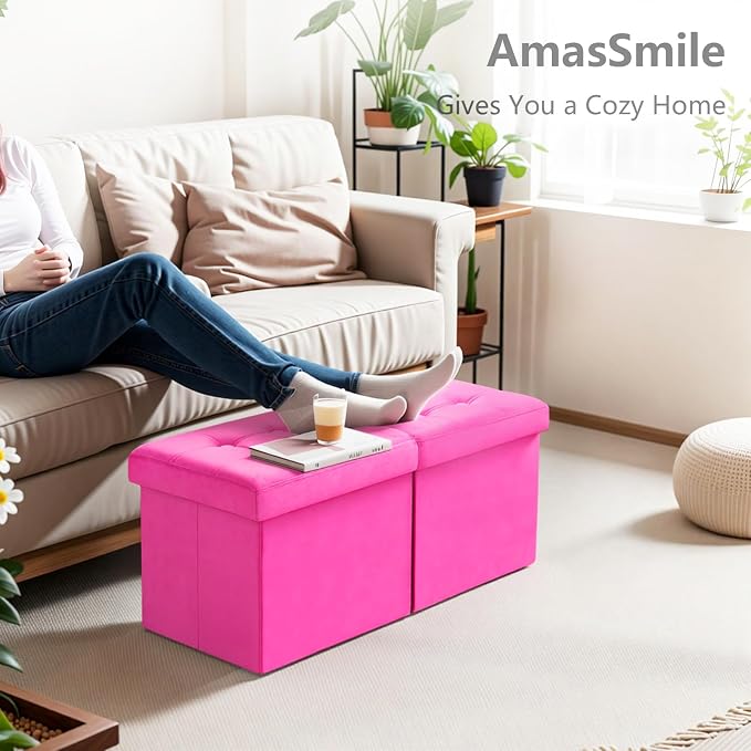 AmasSmile Footrest Ottoman Storage Bench,34" Velvet Folding Stool,Rose Red | Large Ottoman with Storage, Thicker Foam Padded Seat, Livingroom, Dorm, Bedroom, Entryway, Easy to install, 34 x 13 x 13in