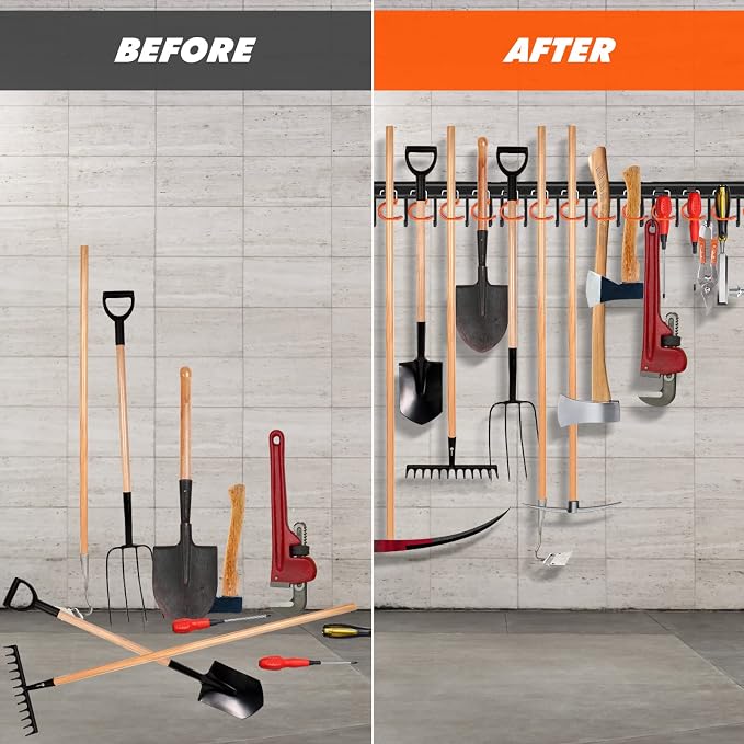 TVKB 51'' All Metal Garden Tool Organizer Adjustable Garage Tool Organizer Wall Mount Garage Organizers and Storage with Heavy Duty Hooks Tool Hangers for Garage Wall, Shed, Garden