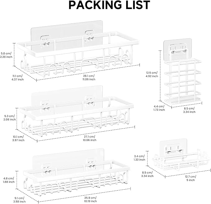 Shower Caddy, 5 Pack Shower Shelves for Inside Bathroom, Rustproof Adhesive Bathroom Organizer with Soap Holder, No Drilling Washroom Organizers and Storage for Bathtub Room/Kitchen/Home, White
