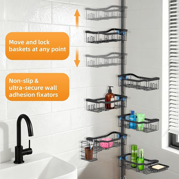 Shower Caddy Corner, 6 Tier Tension Pole Rod Bathroom Organizer Shelves, Adjustable Bathtub Shampoo Stand Rack with Towel Rack 2 Holders for Inside Shower Storage, 47-122 Inch, Black