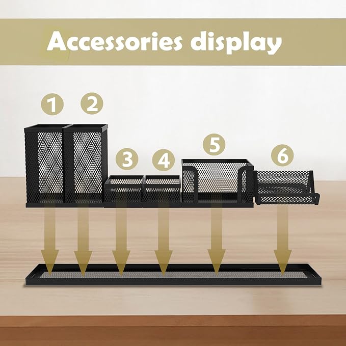 Pen Holder for Desk, 6-Piece Mesh Desk Organizer with Phone Holder, Black | 6-Piece Black Mesh Desk Set Includes Pen Cups, a Sticky Note Caddy and Phone Holder for Office, School, Home